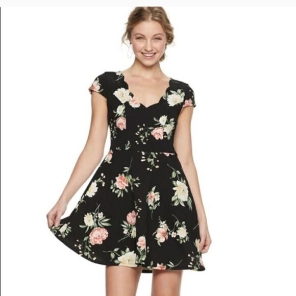 3 Pink Hearts xs black and floral dress spring mini dress summer vneck lace back - Picture 1 of 8